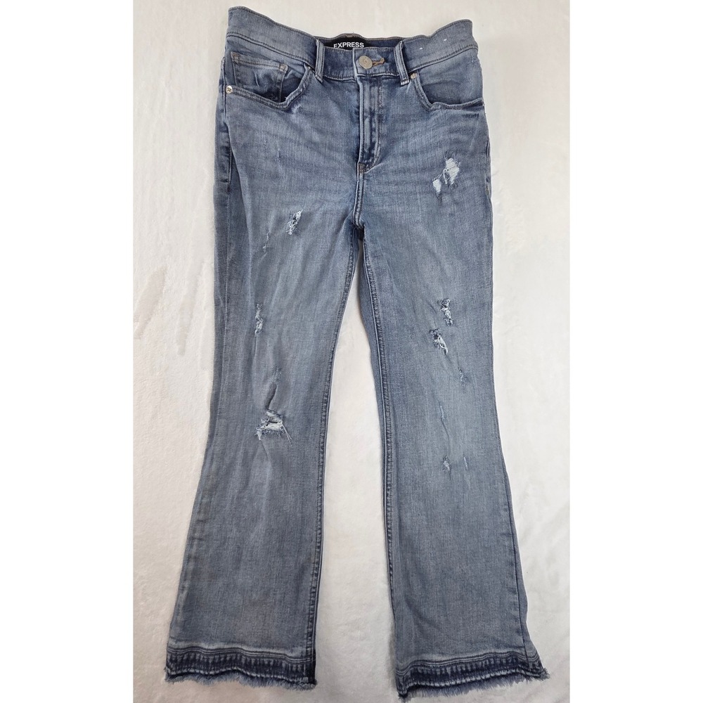Express Cropped Bell‎ Flare Jeans Womens 0 Blue Distressed High Rise Raw Hem